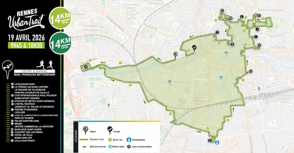 Parcours du 14km du Rennes Urban Trail 2026