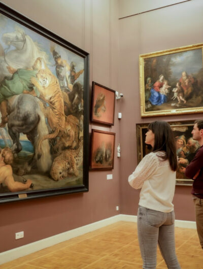 Deux visiteurs regardant le tableau La Chasse au Tigres de Rubens au Musée des Beaux-arts de Rennes.