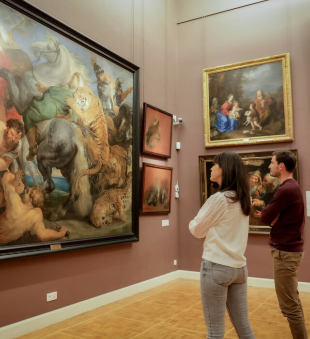 Deux visiteurs regardant le tableau La Chasse au Tigres de Rubens au Musée des Beaux-arts de Rennes.