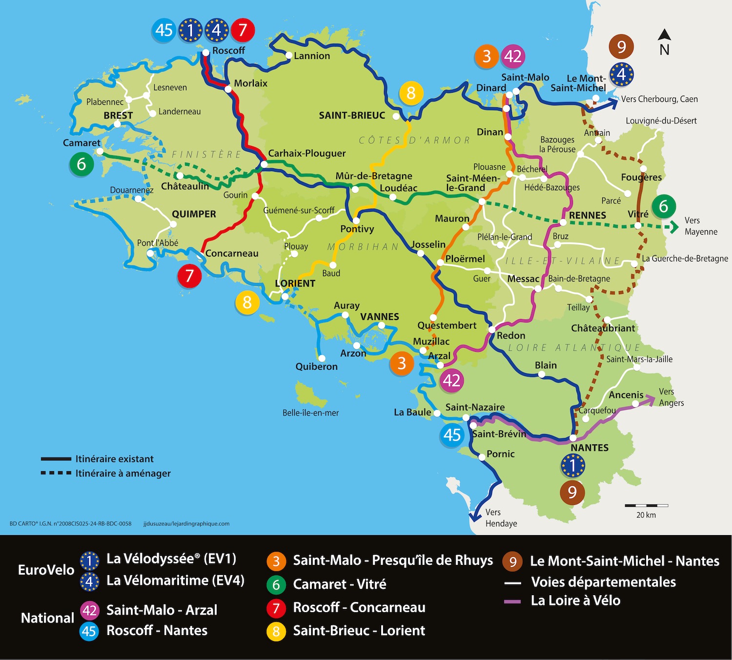 Carte des véloroutes et voies vertes de Bretagne