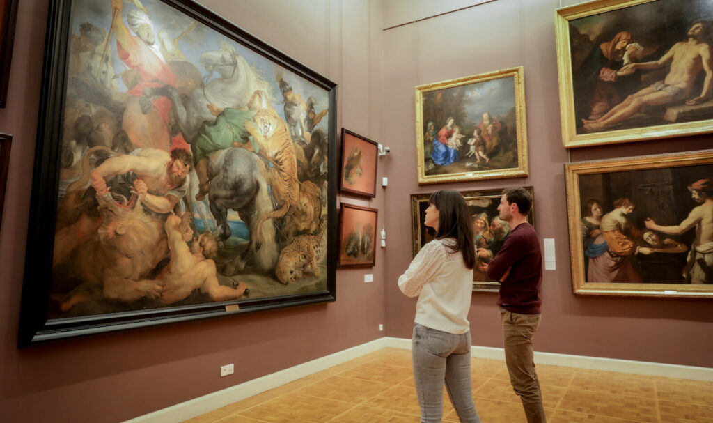 Visiteurs du Musée des beaux-arts devant la chasse au tigre de Rubens