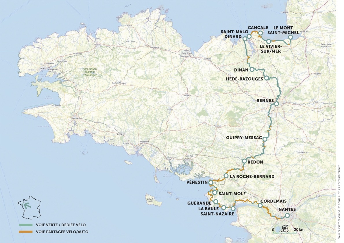 Carte de la traversée bretonne à vélo avec indications des portions de voies vertes et de voie partagée. 